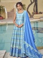 Sky Blue Cherry Silk Readymade Gown